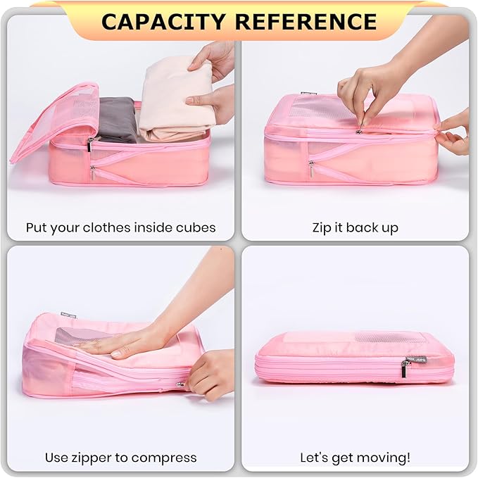 4 Set Ultralight Compression Packing Cubes Travel for Suitcases ，Compressible Mesh Packing Cubes for Travel Women Packing Org