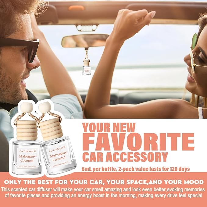 C Classy Car Air Freshener Hanging 2 Pack, Mahogany Coconut Essential Oil Diffuser for Cars, Cute Car Freshener, Long-Lasting