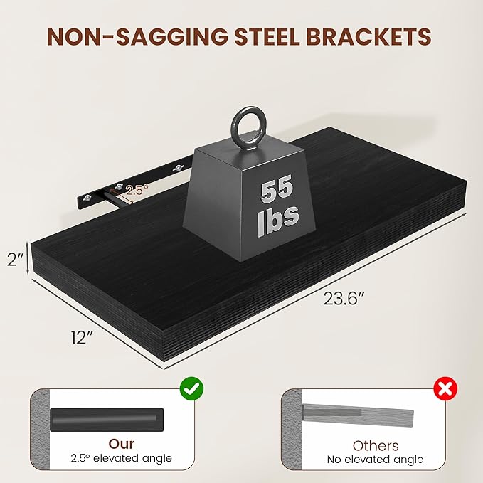 Black Floating Shelves for Wall 24 Inches Long, 12" Deep Wall Shelves 2" Thick, Heavy Duty Shelf for Bedroom, Bathroom, Livin