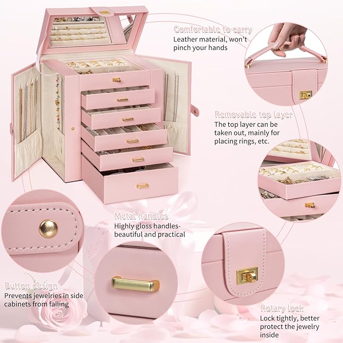 AKOZLIN 6-Tier Jewelry Box Organizer Functional Leather Jewelry Storage Case for Women Girls Ring Necklace Earring Bracelet H