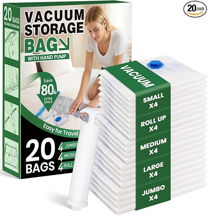 Vacuum Storage Bags,20Pack Vacuum Seal Bags for Clothing,Travel,Clothes,Comforters,Blankets,Pillows-4 Jumbo+4 Large+4 Medium+