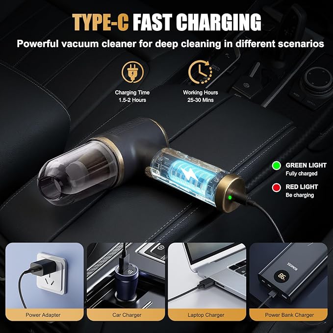 4-in-1 Cordless Car Vacuum Cleaner, 14000PA Powerful Handheld Vacuum with Air Duster & Inflator, Portable Rechargeable Vacuum