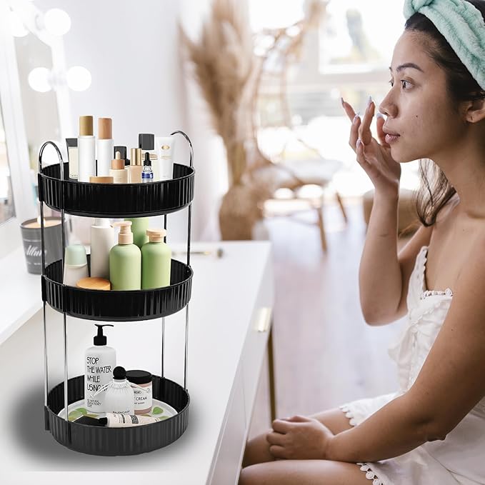 Rotating Makeup Organizer Countertop 3 Tier Lazy Susan Trays Spinning Skincare Perfume Storage for Bathroom Counter Vanity, B