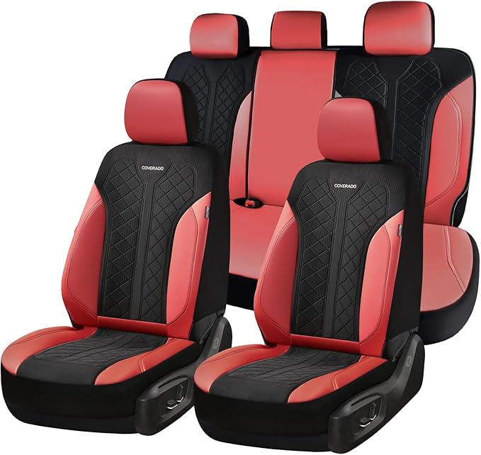 Coverado Seat Covers Full Set, Waterproof Car Seat Covers, PU Leather & Breathable Mesh Seat Protectors, 5-Piece Automotive S