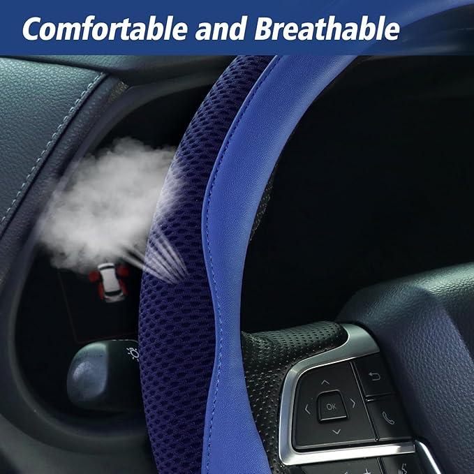 ZHOL Blue Steering Wheel Cover,Nappa Faux Leather with Comfort Grip,Non-Slip Breathable Universal Car Accessory for 15 Inch S
