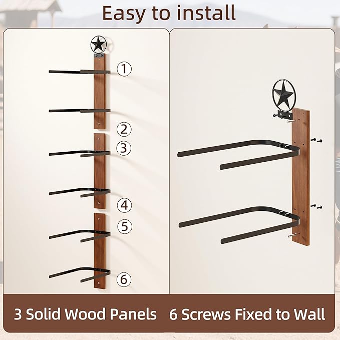 Cowboy Hat Rack for Wall – 3-Piece Western Hat Holder, Rustic Wooden & Metal Wall Mounted Cowboy Hat Organizer, Holds up to 6