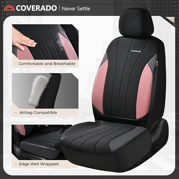 Coverado Seat Covers 5 Seats, Luxury Car Seat Covers Full Set, Automotive Car Protectors, Pink Driver Seat Covers, Car Access