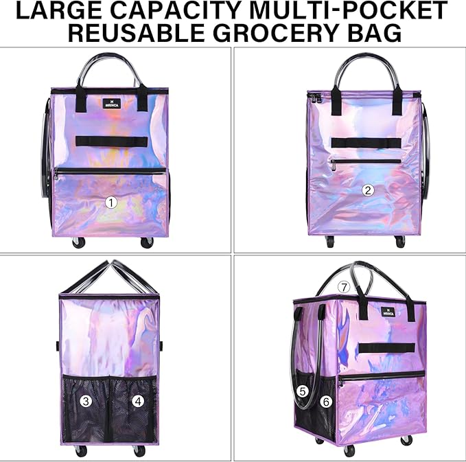 Reusable Grocery Bag on Wheels, Foldable Rolling Shopping Tote Bag, Water-Resistant Material, Zipper Top, Heavy Duty Handle, Lightweight, Strong Carrying Capacity, Medium, Gradient Purple