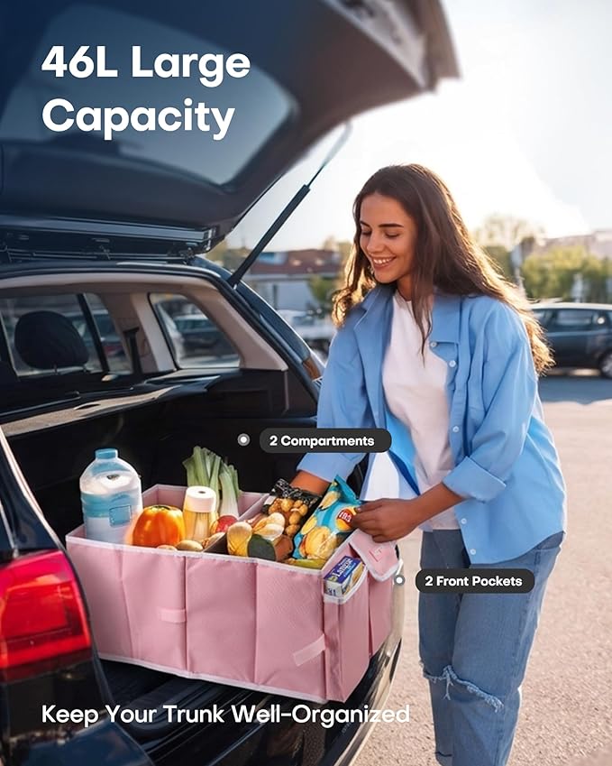 HOTOR Foldable Trunk Organizer - SUV & Sedan Compatible, 2 Compartments, Pink, 23.6x14.2x10.6 Sturdy Car Organization