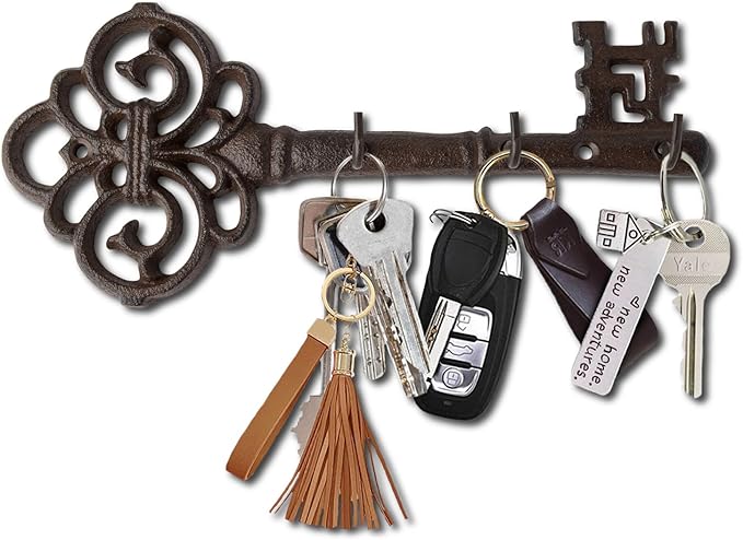 Comfify Cast Iron Skeleton Key Holder for Wall - Decorative Farmhouse Rustic Wall Mount Key Organizer - 3 Key Hooks - Vintage