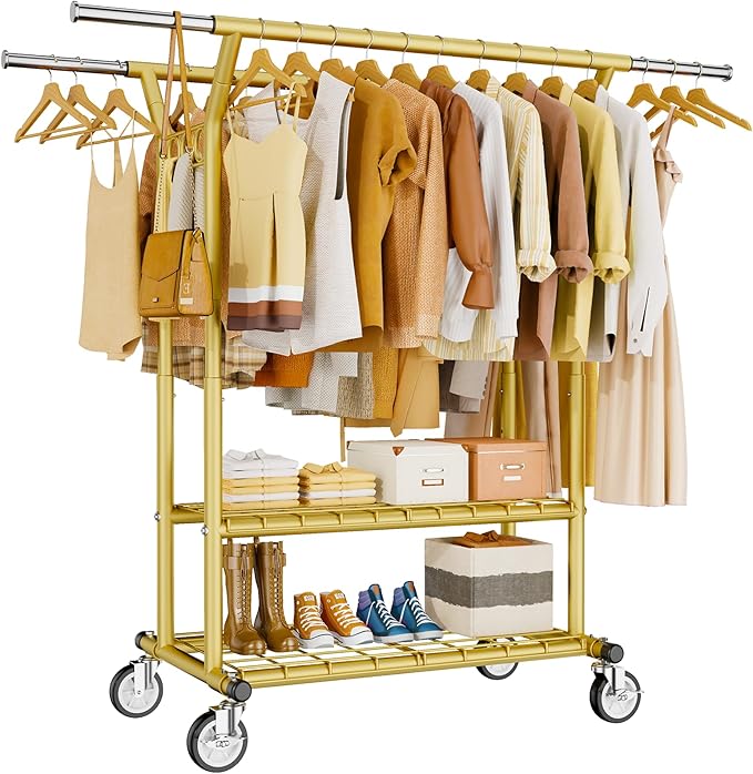HYSEYY Heavy Duty Clothes Rack, Rolling Clothing Racks With Shelves Load 620 LBS, Double Rod Clothing Racks for Hanging Cloth