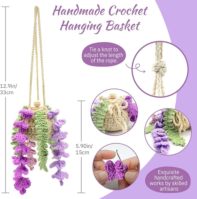 Crochet Car Air Freshener, 15ml Empty Refillable Oil Diffuser Bottle with Crochet Violet Hanging Plant for Car Rearview Mirro