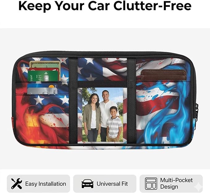 American Flag Car Sun Visor Organizer, Car Sun Visor Storage Pouch with Card Sleeve Pocket 250 Anniversary USA Sunshade Organizer Bag Patriotic Auto Interior Accessories