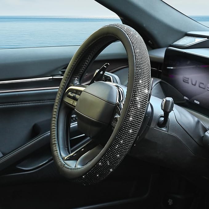 New Diamond Leather Steering Wheel Cover with Bling Bling Crystal Rhinestones, Universal Fit 15 Inch Car Wheel Protector for 