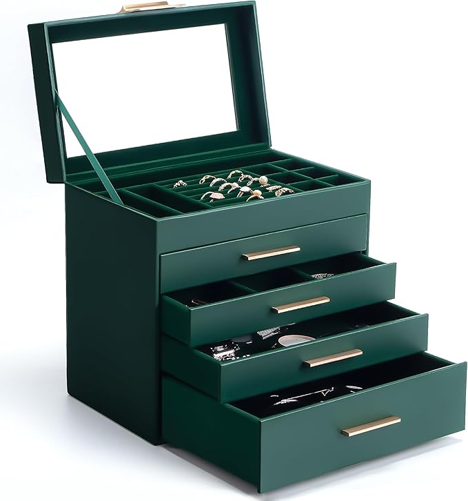Somduy Jewelry Box, 5 Layers Jewelry Storage Display Box with Glass Lid for Women, 4 Drawers,Large Capacity for Necklace Earr