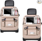 2PCS Car Backseat Organizer, Leather Multi-Pocket Seat Back Protector with Foldable Table Tray, Multifunctional Vehicle Storage Organizer Kick Mat for Kids Toddler Travel (Beige)