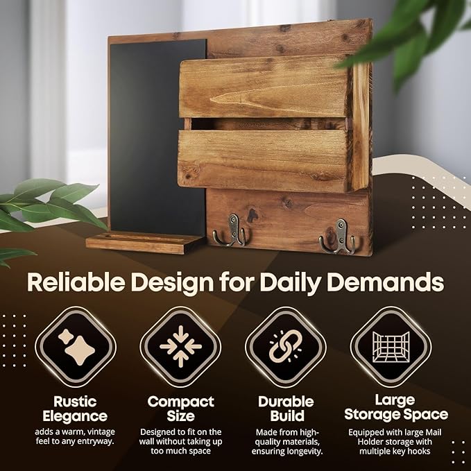 Flexzion Rustic Wood Entryway Mail Sorter Holder, Wall Mount Mudroom Storage Organizer with Blackboard Chalkboard Memo Board 