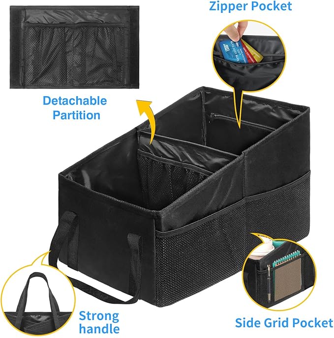 Car Organizer, Car Backseat Organizer for kids, Car Organizer with Divide, Handles and Multiple Mesh Pockets, Passenger Seat Organizer, Travel Accessories Collapsible Small Car Seat Storage Caddy