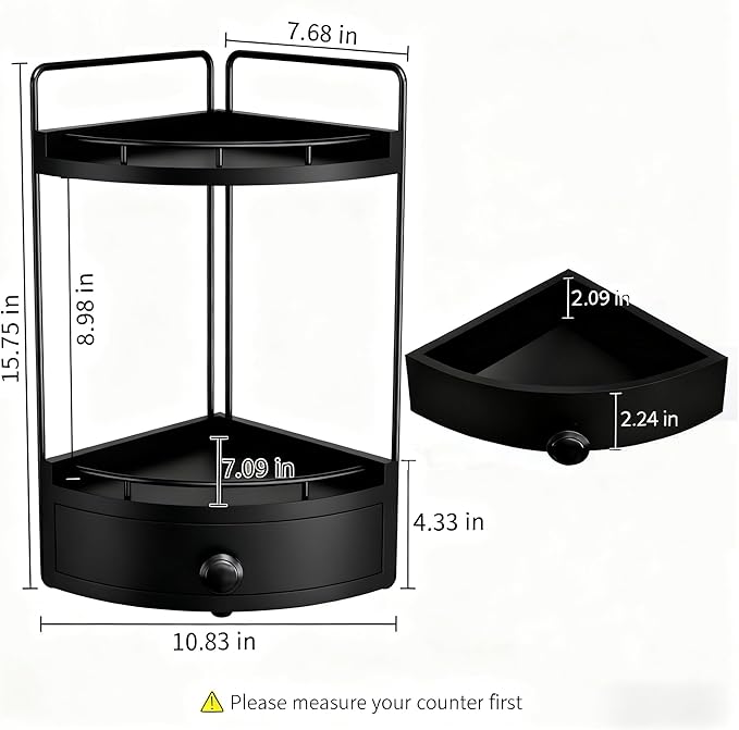 2-Tier Corner Bathroom Counter Organizer with Drawer & Embedded Screw Holes - Wooden Countertop Organizers for Skincare, Make