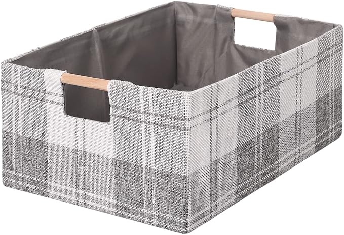 Fabric Storage Bin Box Collapsible Cotton Linen Storage Cube with Wooden Handles Rectangular Decorative Home Organizer Clothe