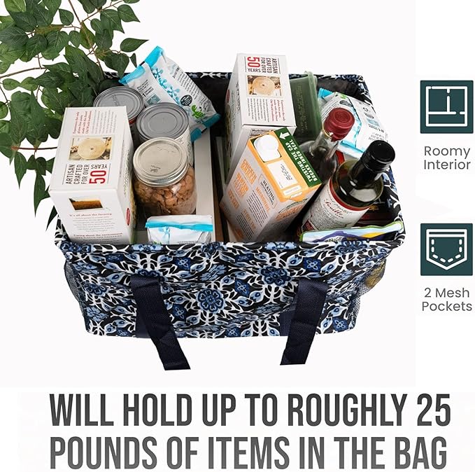 Extra Large Utility Tote Bag - Oversized Collapsible Tote with Wire Frame, Durable Reusable for Beach, Groceries, Laundry, Car Trunk, Storage and Travel - Includes 5x7 Bag with Hook - Blue Snowflake
