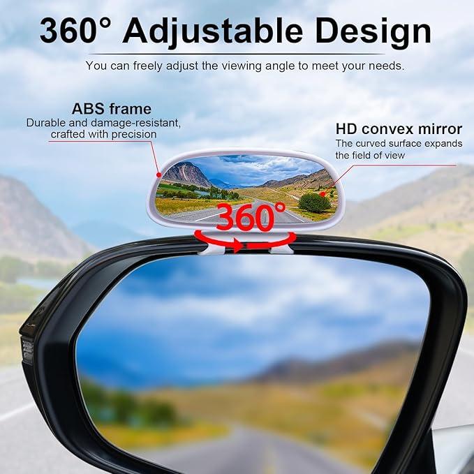 LivTee Clip on Blind Spot Mirror, HD Glass Frameless Convex Rear View Mirrors Exterior Accessories with Wide Angle Adjustable Stick for Car SUV and Trucks, White