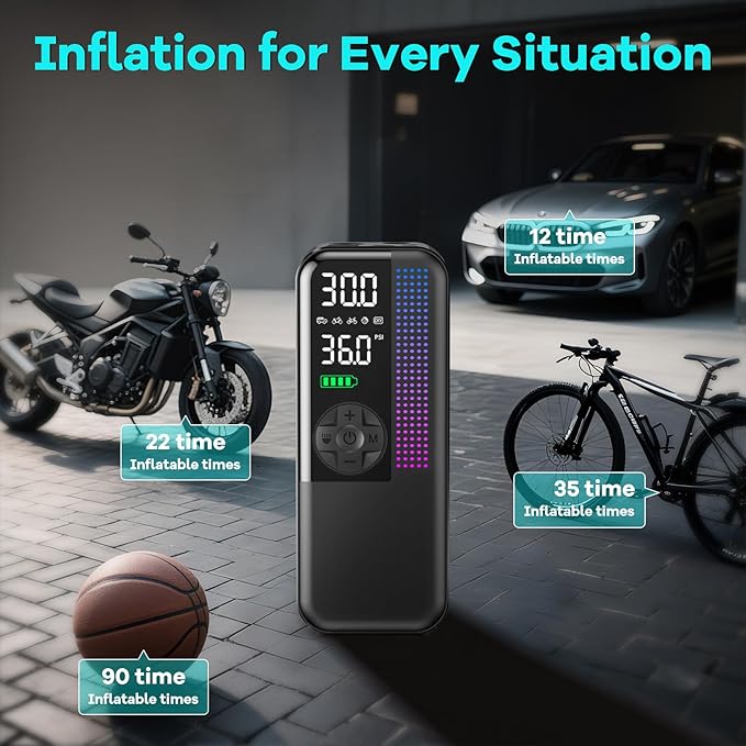 Tire Inflator Portable Air Compressor, 150 PSI Cordless Air Pump, Dual Power 6000mAh, 12V DC Car Plug, Fast Inflation 24L/Min, Auto Shut-Off, LED Light, 4 Preset Modes for Car, Bike, Motorcycle, Balls