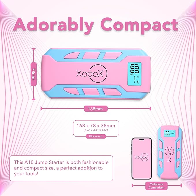 XoooX Pink Portable Car Battery Jump Starter Kit with Jumper Cables, LED Light and Case; 12V Jump Start Battery Pack; Portable Battery Charger for USB/USB-C Devices