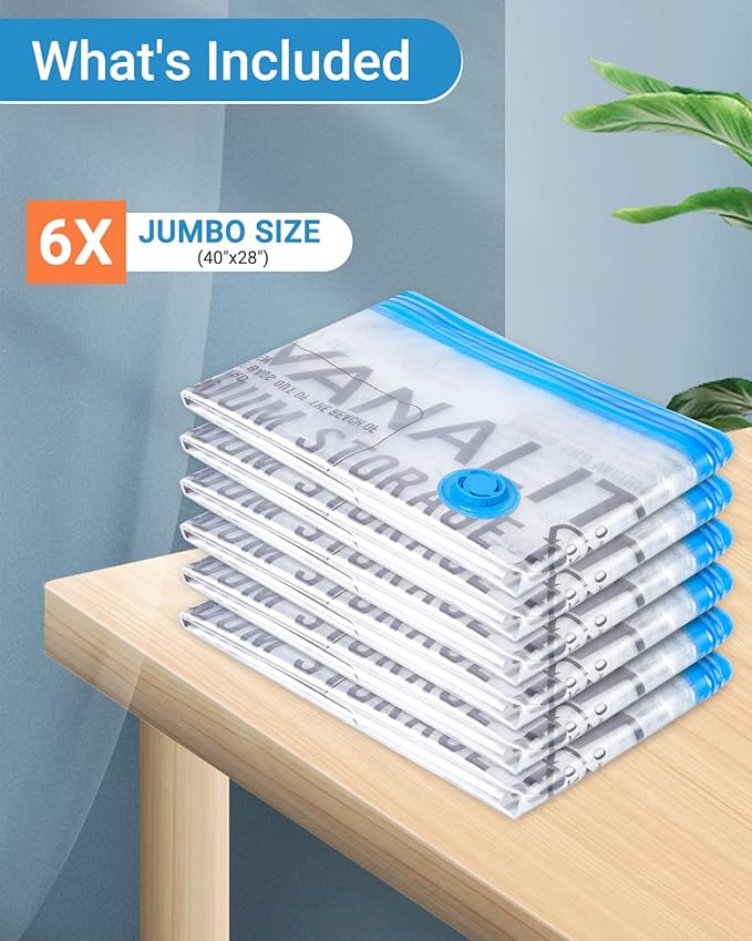 6 Pack Jumbo Vacuum Storage Bags (40"x28"), Reusable Vacuum Sealer Compression Space Saver Bag for Clothes, Mattress, Blanket