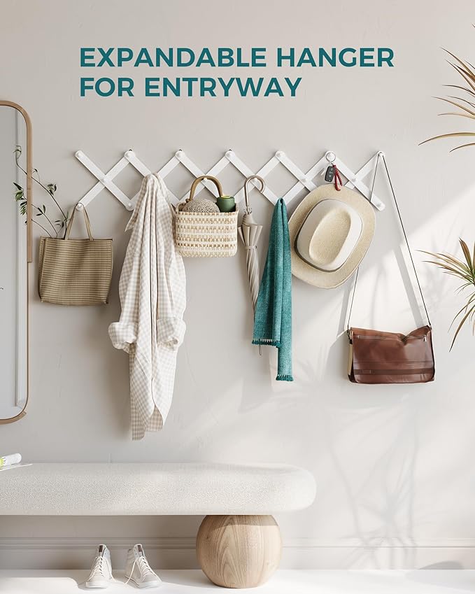 OROPY Wood Accordion Wall Hanger, Expandable Coat Rack Wall Mount with 20 Pegs, Expanding Hat Rack for Wall White