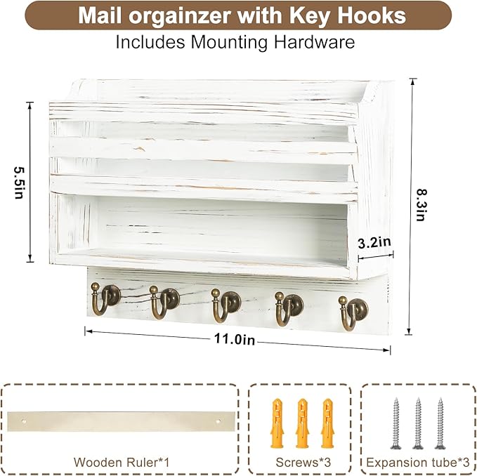 Mail and Key Organizer for Wall – Key Holder Wall Mount with Storage Box and 5 Key Hooks, Mail Holder Wall Mounted for Entryw