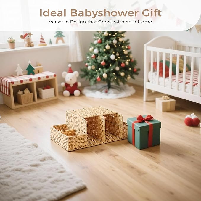 Diaper Caddy Organizer, Hand Rattan Nursery Storage Basket for Baby Essentials, Baby Changing Table Organizer Perfect Nursery