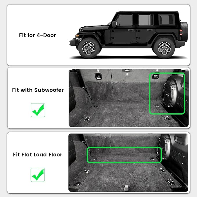 LASFIT Floor Mats & Trunk Mat for Jeep Wrangler JL 2018-2025 2026 4 Door Cargo with SUBWOOFER, All Weather TPE Custom Cargo Mat Fit for Flat Load Floor Gas Type (Not for JK/Not PHEV/Not 2-Door)