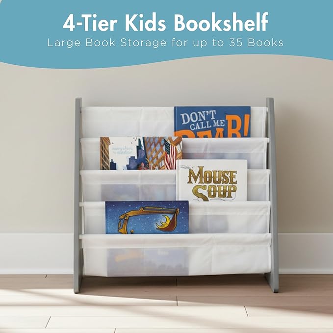 Humble Crew 4-Tier Kids Bookshelf, Grey Wood/White - Premium Book Shelf for Kids Rooms with Four Deep Pockets - Toddler Sling