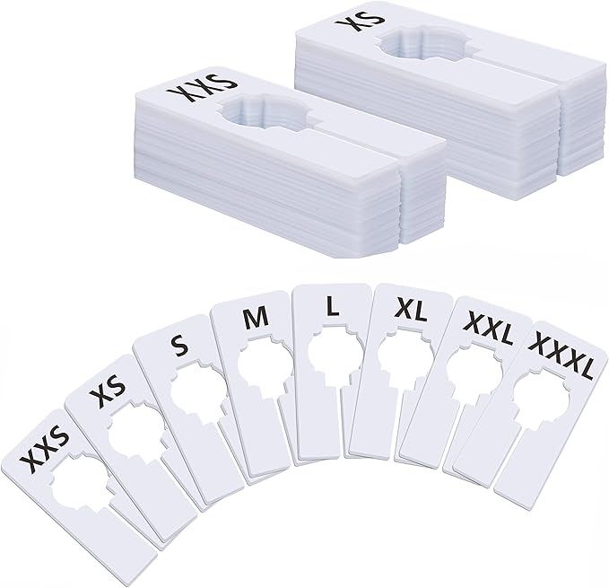 40 Pack Rectangular White Plastic Clothing Size Closet Rack Dividers Hangers, Preprinted in 8 Sizes XXS, XS, S, M, L, XL, XXL