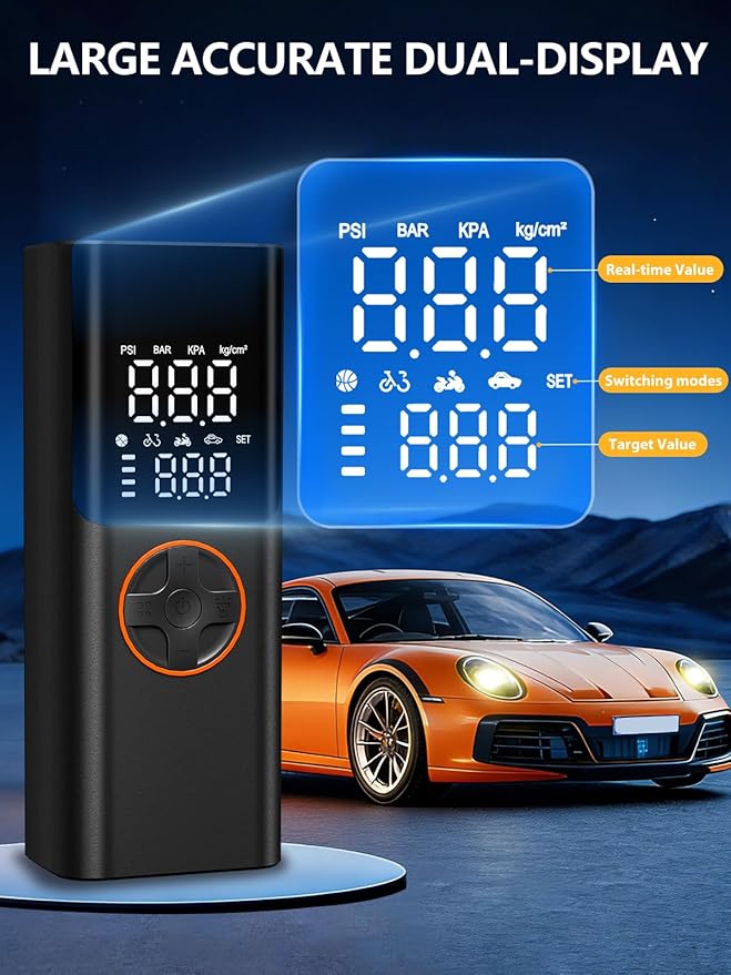 AIRSURE Tire Inflator Portable Air Compressor, 150PSI Cordless Tire Pump with USB Output, 12V DC Car Plug & Dual Power 6000mAh, Fast Inflation Air Pump for Cars, Bikes, Motorcycles and Balls