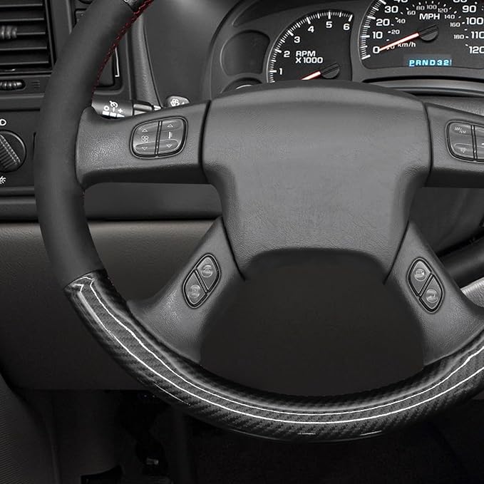 MEWANT Hand Stitched Steering Wheel Cover for Chevy Silverado 1500 2003-2006 Glossy PU Carbon Fiber Suede Steering Wrap