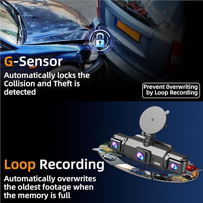 4 Channel Dash Cam Front and Rear Cabin, 360° Dash Camera ，Night Vision 8 IR Lamps Dash Camera for Cars, 5G WiFi for Download