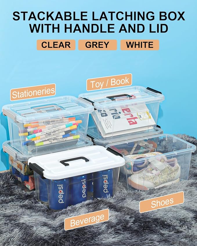NUMIFUN Plastic Storage Bins With Lids 6 Pack Storage Organizer Bins, 7 Quart Stackable Storage Bins with Lids and Black Hand