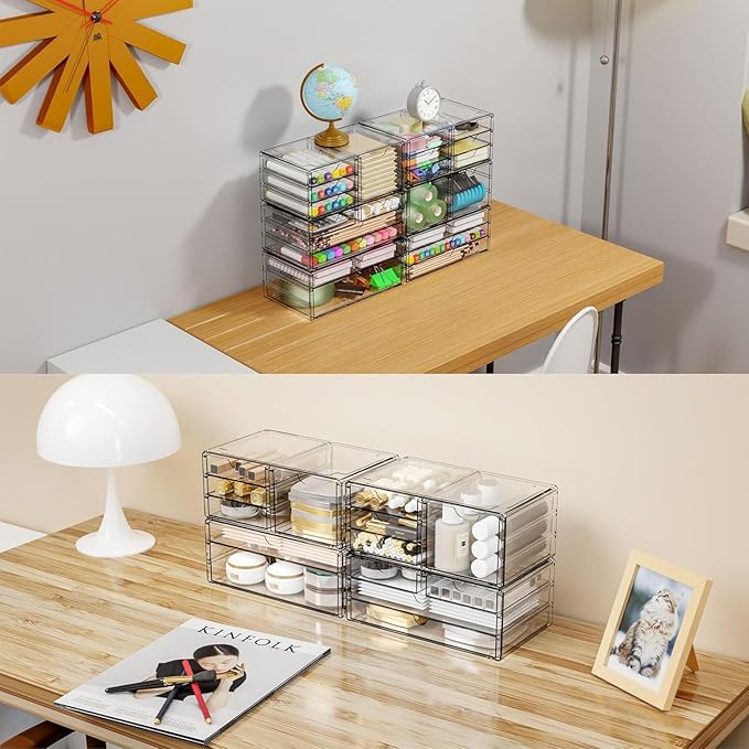 Yieach 3Pack Clear Drawer Organizers Stackable,Acrylic Storage Drawers With 10 Drawers,Multipurpose Office Supply Organizer a