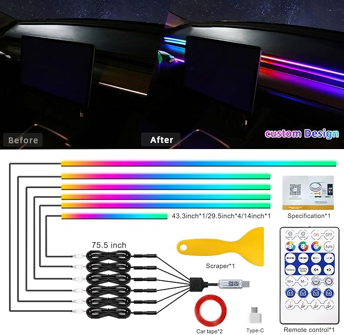 Acrylic Interior Car LED Strip Light with USB/Type C, RGB 6 in 1 with 175 Inch 593 LEDs Strip, Dynamic Chasing Music Sync Neon Ambient Lighting Kits