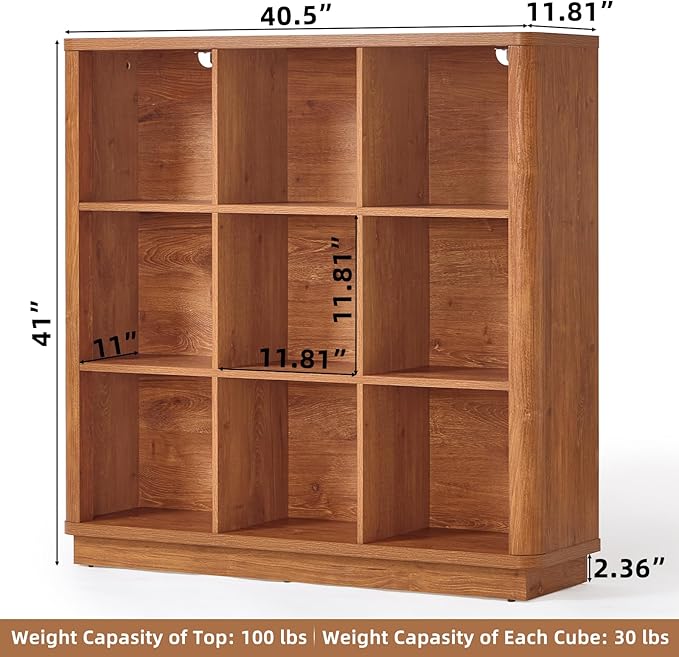 Joaxswe 9 Cube Storage Book Shelf, 40.5" Wide Organizer Bookshelf with Curved Edge, Wood Floor Standing 3-Tier Cubby Bookcase