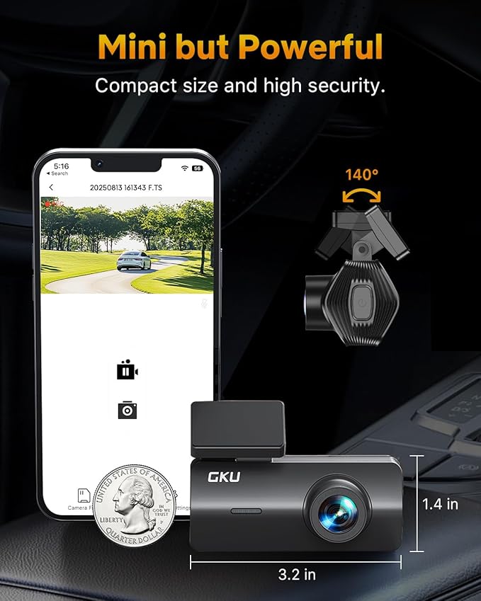 GKU 4K Dash Cam Front, Mini DashCam Includes 64GB Card, Dash Camera Built-in WiFi, 24H Parking Monitor,Night Vision,WDR,170° 