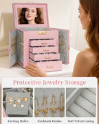 TORIBIO Jewelry Box for Women, Leather Jewelry Organizer with Mirror & Lock, 5-Tier Jewelry Storage Organizer with 4 Drawers 