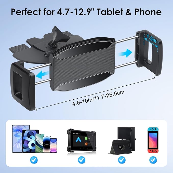Linkstyle 2 in 1 CD Slot Tablet Car Mount, Universal 360° Rotation CD Player Car Phone Holder Car CD Tray Tablet Stand for 4.7-12.9in Devices, Black