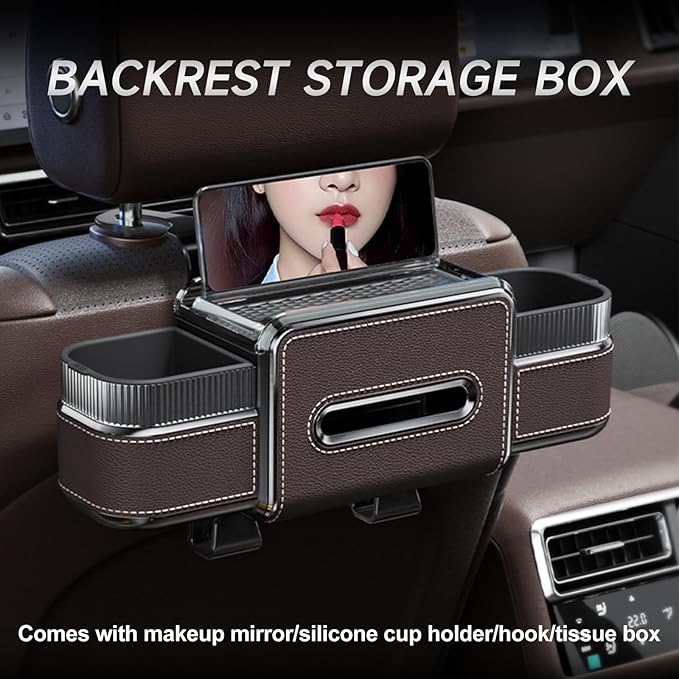 Multifunctional Car Headrest Backseat Organizer Box with Drink Cup Holder, Makeup Mirror, Tissue Box & Hooks for Car Seat Back, Upgrade Car Headrest Backseat Organizer Great for Kids and Travel(Brown)