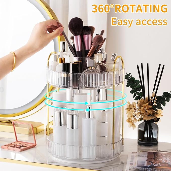 360° Rotating Makeup Organizer, Large-Capacity Skincare Make Up Storage 2 Tier Perfume Organizers Cosmetic Dresser Organizer 