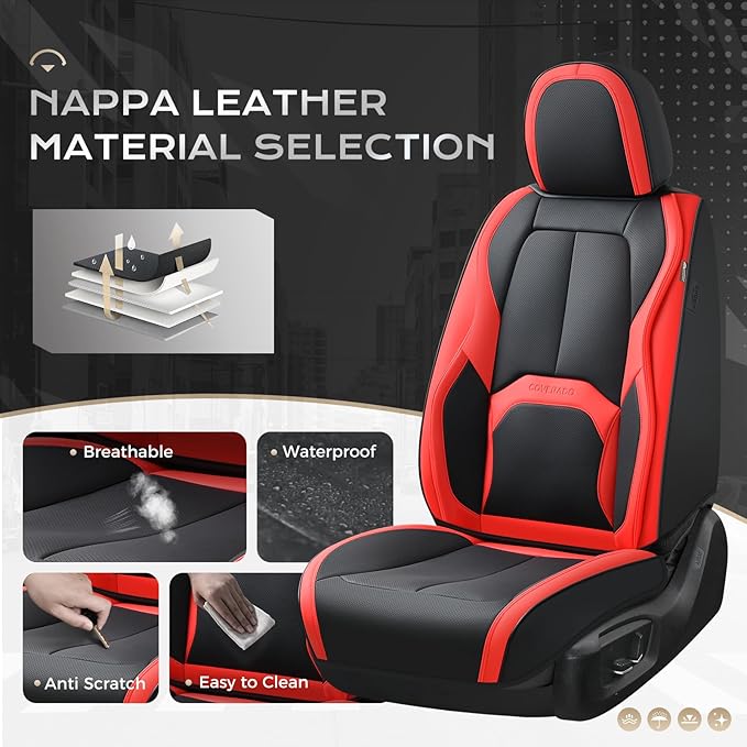 Coverado Leather Seat Covers Full Set, Black and Red Leather Car Seat Cover, Waterproof Car Seat Protector with Lumbar Suppor