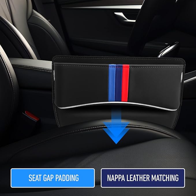 Car Seat Gap Filler Organizer for Front Seats, Leather Adjustable Car Seat Storage Box for Phones, Keys, Coins 2 Pack, Black
