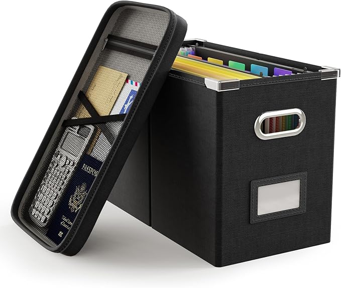 Oterri File Organizer Box with Lid, Hanging Filing File Box with Mesh Pocket, Document Organizer Box for Letter Files, Portab